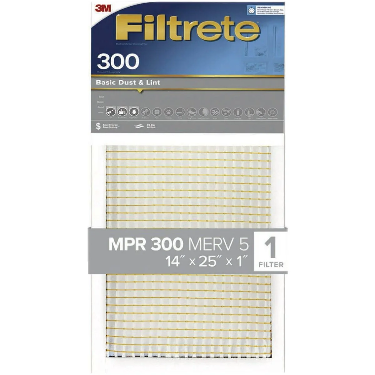 Solid 3M Filtrete 14 In. x 25 In. x 1 In. Basic Dust Lint 300 MPR Furnace Filter Trendy