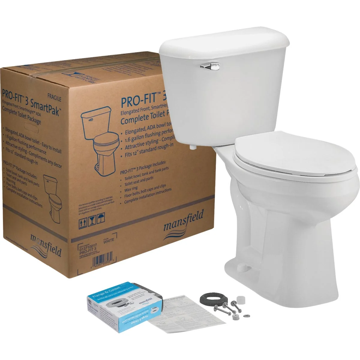 Fashionable Mansfield Pro-Fit 3 White Elongated Bowl 1.28 GPF Toilet Kit Comfortable
