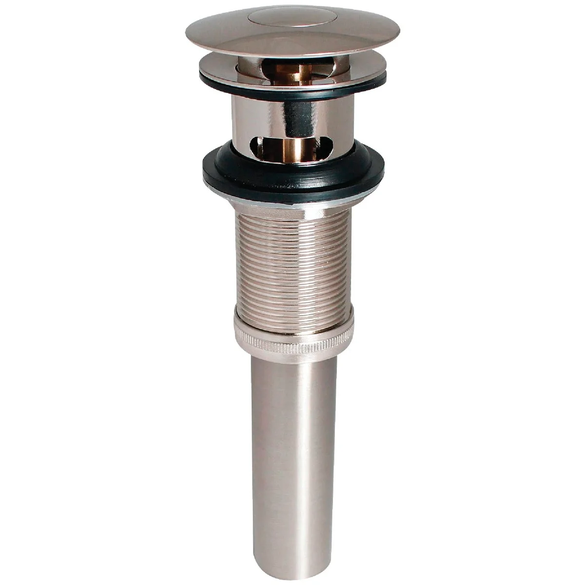 Minimalist Keeney 1-1 4 In. Brushed Nickel Brass Universal Push Button Bathroom Sink Drain with Overflow Clean