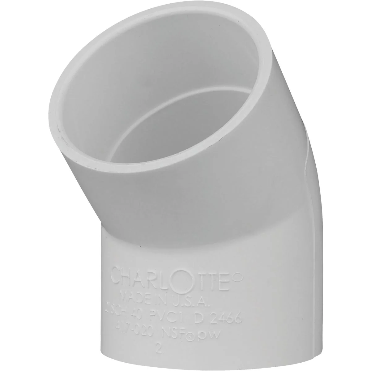 Durable Charlotte Pipe 2 In. Slip x Slip Schedule 40 45 Deg. PVC Elbow 1 8 Bend Organic