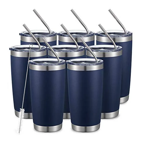Environmentally Friendly 20oz 8Pack Double Wall Vacuum Insulated Coffee Travel Mug Stainless Steel Tumbler Bulk with Lid and Straw Durable Powder Coated Insulated Coffee Cup for Cold Hot Drinks 8 Count Classic