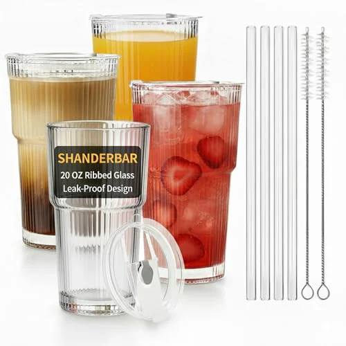 Reliable 20 oz Ribbed Glass Tumblers with Lids and Straws 4 Count Quality