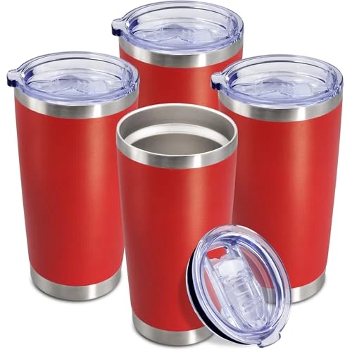 Prestigious 20oz Tumbler Insulated Coffee Tumblers with Lid Stainless Steel Red 4P 4 Count Premium Material