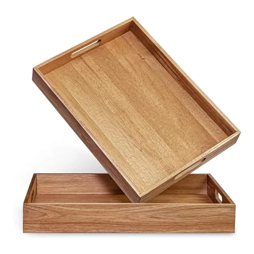 Next-Generation Acacia Wood Serving Tray with Handles Set of 2 2 Count Premium Material