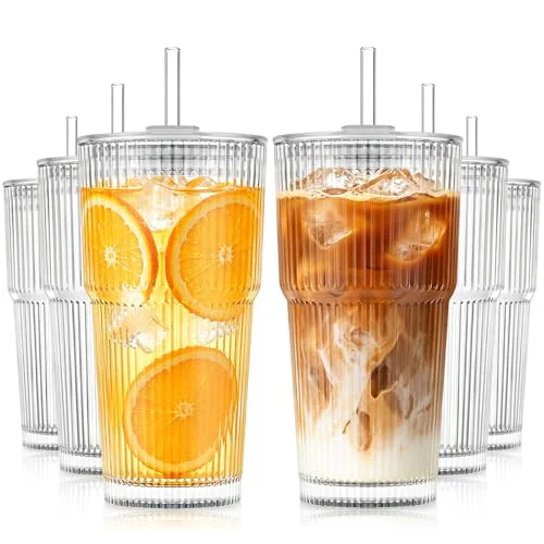 Relaxed 20oz Ribbed Glass Tumblers with Lids and Straws Elite