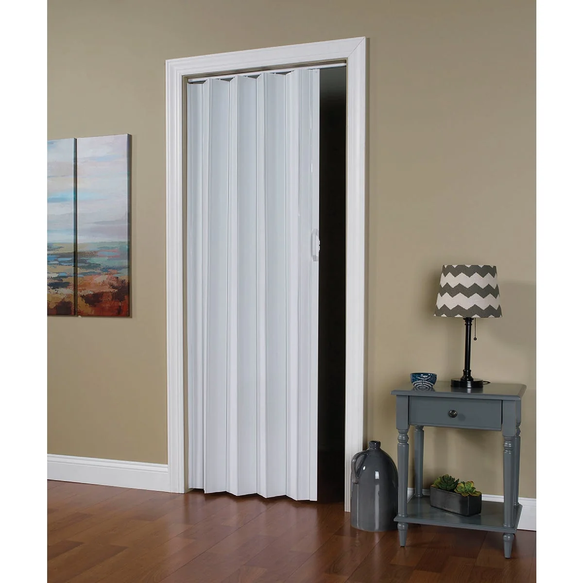 Sophisticated Spectrum Via 24 In. to 36 In. W. x 80 In. H. White Accordion Folding Door Refined