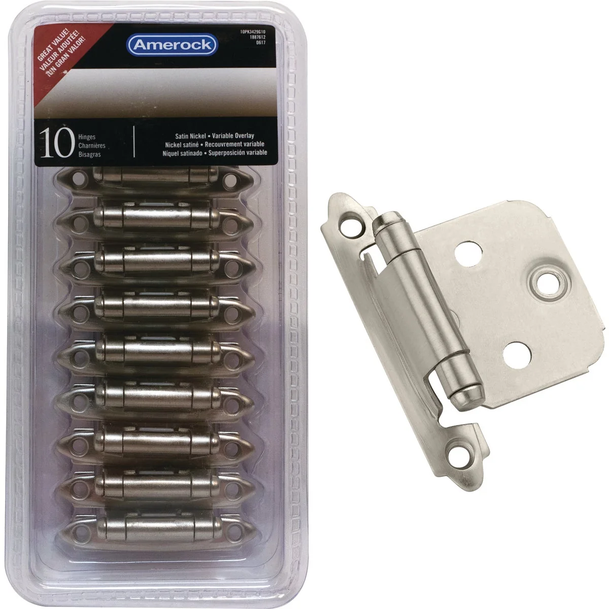 Authentic Amerock Satin Nickel Face Mount Self-Closing Overlay Hinge 10-Pack Detailed