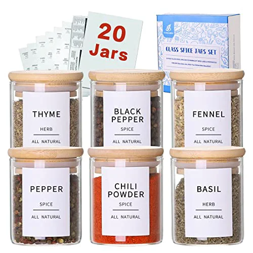 Secure Glass Spice Jars with Bamboo Lids 20 Count Trendy