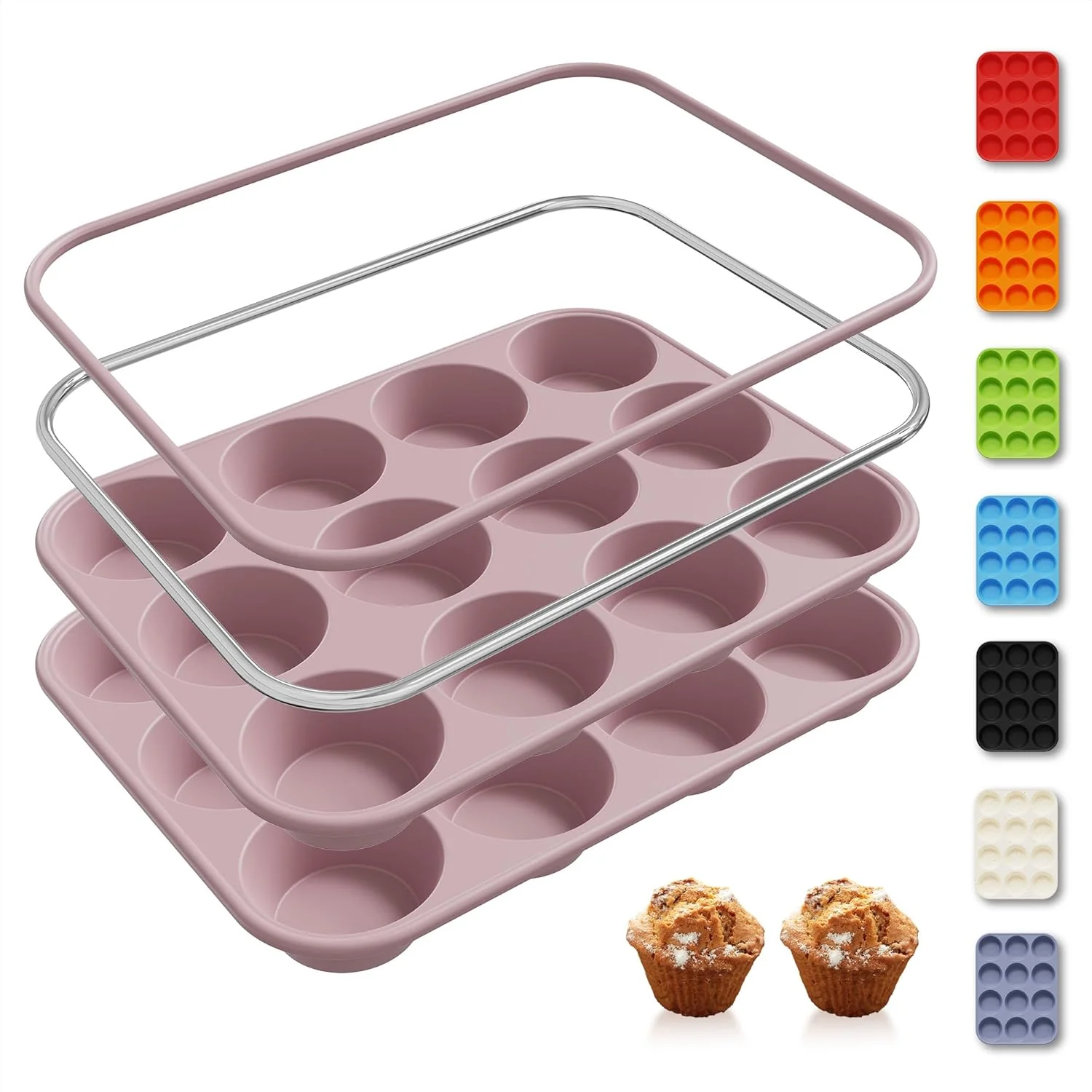 Healthy 2 Pack 12 Cups Muffin Pan with Metal Reinforced Frame Regular Size Silicone Molds Cupcake Cake Baking Pans Cookie Baking Chocoflan Cupcake Mold Silicone Egg Bite Molds Baking Items Stuff Relaxed
