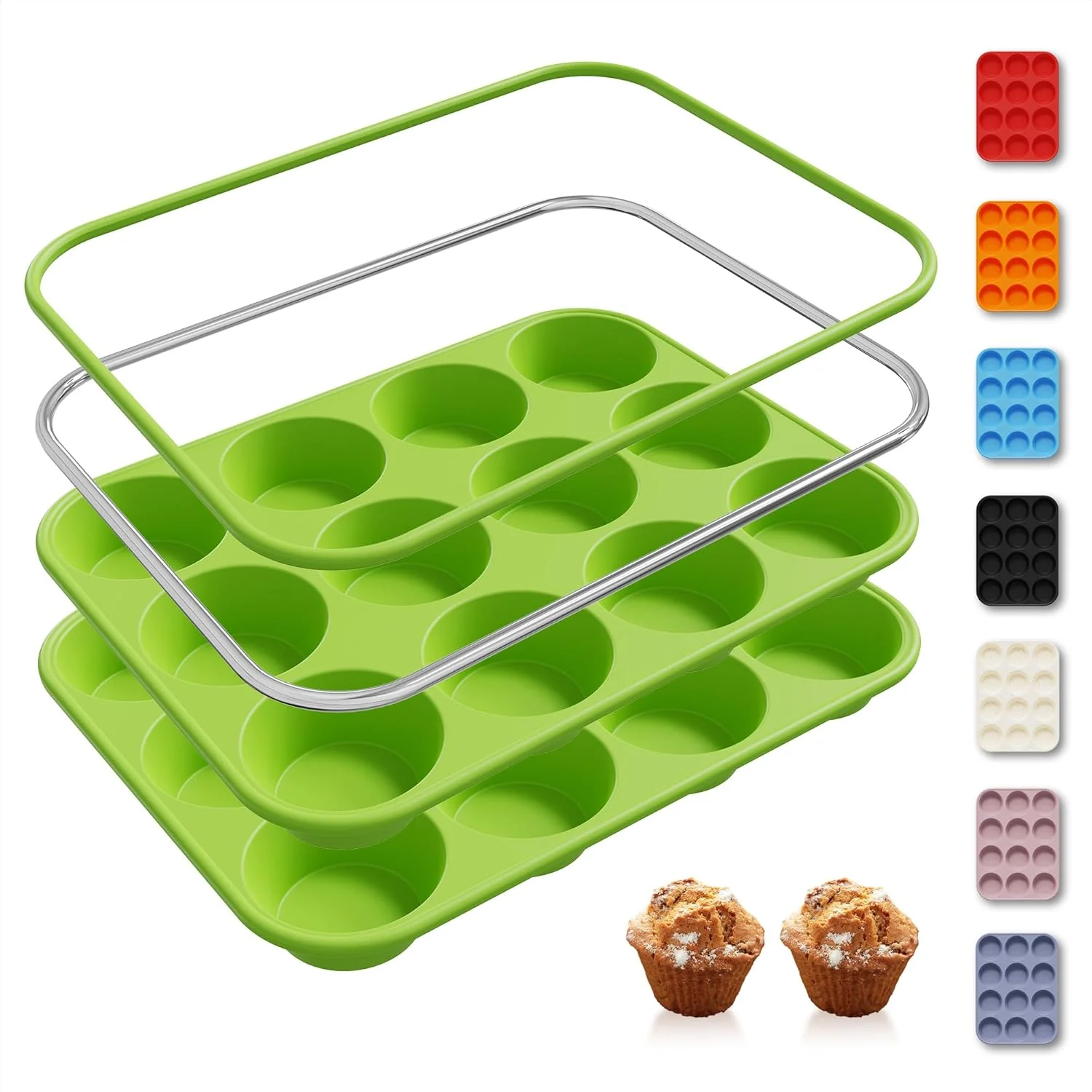 Trusted 2 Pack 12 Cups Silicone Muffin Pan with Metal Reinforced Frame Regular Size Silicone Molds Cupcake Cake Baking Pans Cookie Baking Chocoflan Cupcake Mold Kitchen Baking Mold Tools for Cooking Specialty