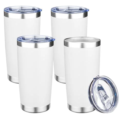 Organic 20oz Tumbler with Lid Double Wall Vacuum Insulated Travel Coffee Mug Stainless Steel Thermal Cup Powder Coated Sturdy Coffee Tumbler Bulk for Hot and Cold Beverage 4 Count Refined