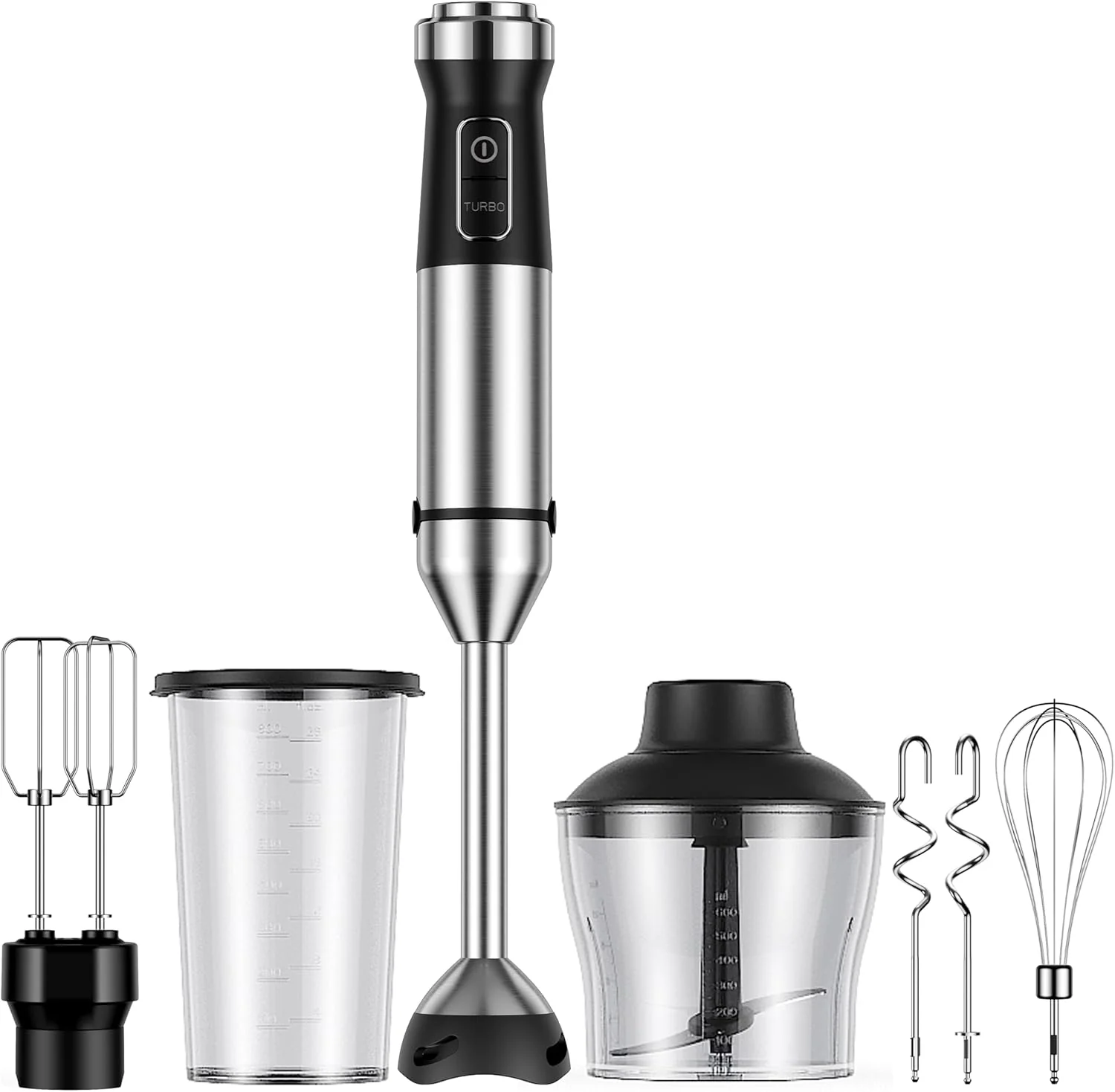 Outstanding 6-in-1 Immersion Blender 1000W Hand Blender with 20 Speeds Scratch-Resistant Stick Mixer with Whisk Chopper Beaker Egg Beaters Dough Hooks – Heavy Duty Hand Mixer Black Breathable