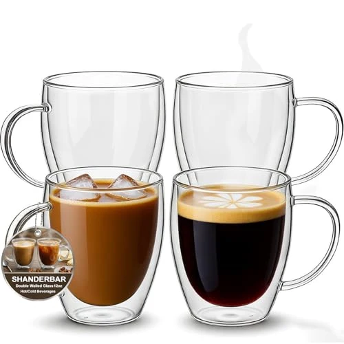 Powerful 12oz Double Walled Glass Coffee Mugs with Handles 4 Count Innovative
