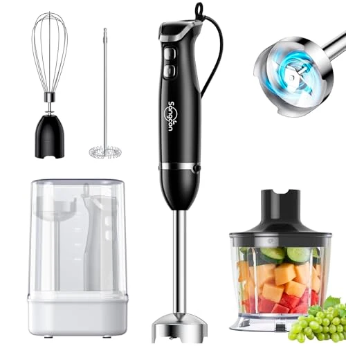Official 6-in-1 Immersion Blender Handheld Hand Blender with Chopper 34oz Blending Cup Storage Base 2-Speed Adjustable Stick Blender Stainless Steel Blades Detachable Blender Whisk Milk Frother World-Class