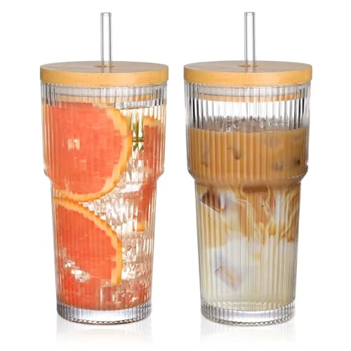Casual 20oz Glass Cups with Lids and Straws Premium Material