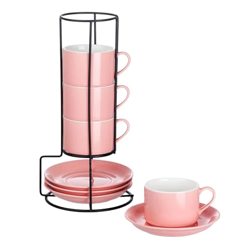 Recyclable 8 OZ Porcelain Stackable Cappuccino Cups and Metal Stand Set of 4 4 Count Healthy