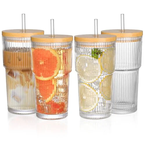 Recyclable 20oz Glass Cups with Lids and Straws World-Class