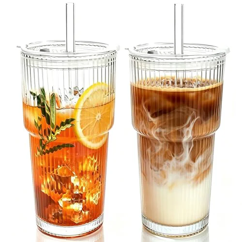 Organic 2PCS 20oz Glass Cups with Lids and Straws 6 Count Enhanced