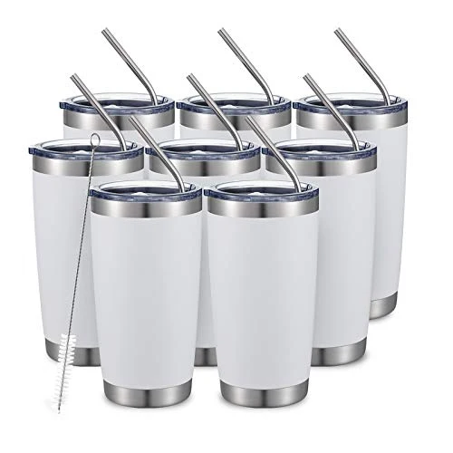 Exclusive 20oz 8Pack White Tumbler Double Wall Vacuum Insulated Coffee Travel Mug Stainless Steel Tumbler Bulk with Lid and Straw Powder Coated Insulated Coffee Cup for Cold Hot Drinks 8 Count Enhanced