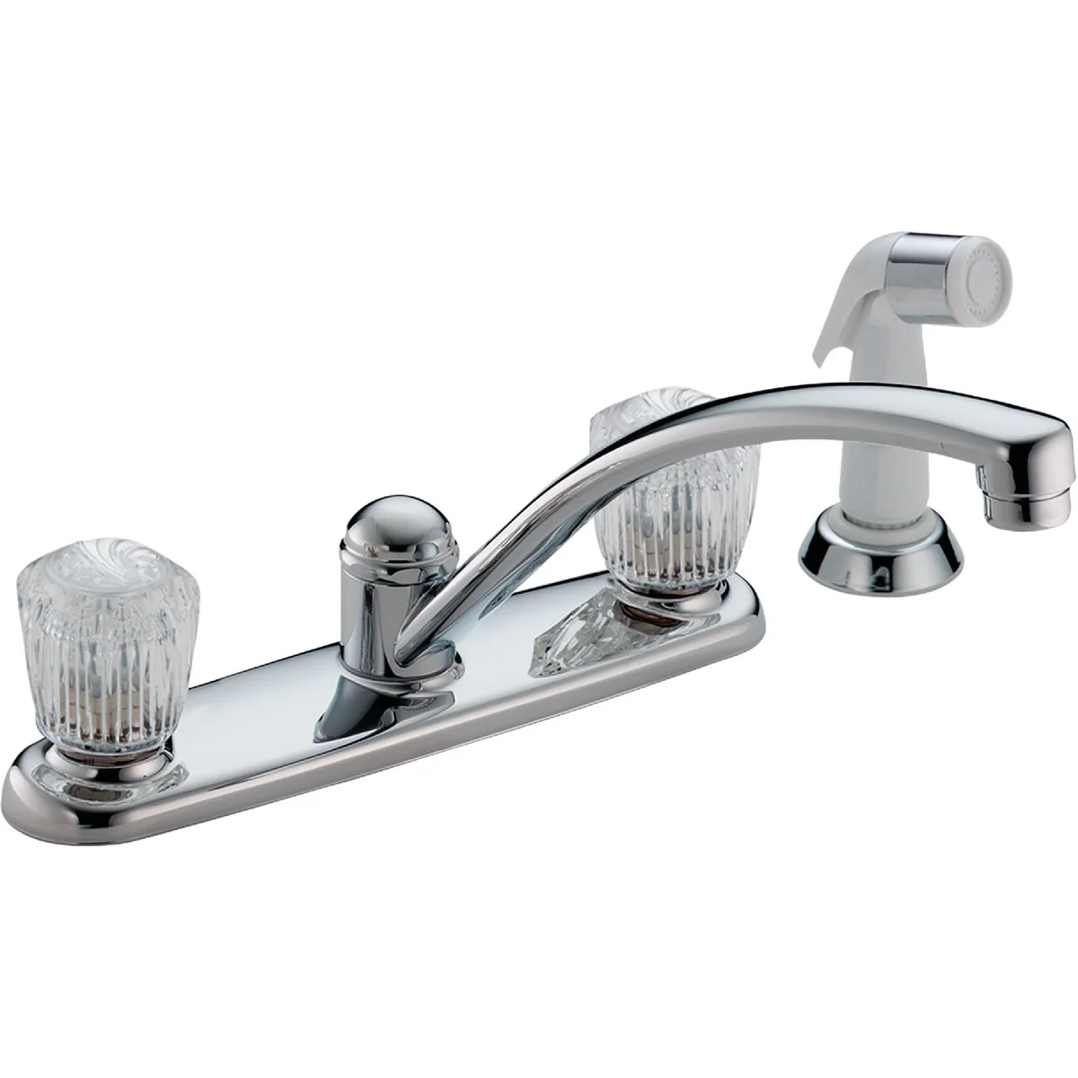 Detailed Delta Classic Series Dual Handle Knob Kitchen Faucet with Side Spray Chrome Recyclable