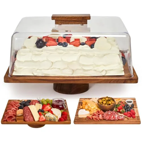 Practical 2-in-1 Acacia Wood Cake Stand with Acrylic Dome Cover Clean