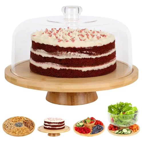 Powerful 6 in 1 Large Bamboo Wood Cake Stand with Lid Superior