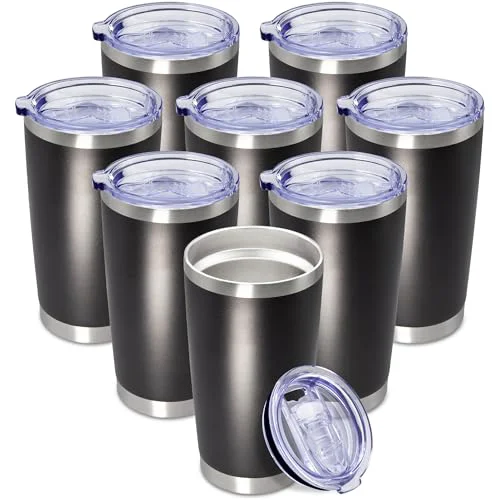 Premium 20oz Tumbler Insulated Coffee Tumblers with Lid Stainless Steel Black 8P 8 Count Prestigious