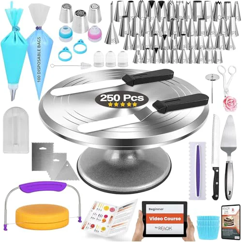 Elite 250 PCs Aluminum Cake Decorating Tools Kit with 12 Metal Turntable Knife set Superior