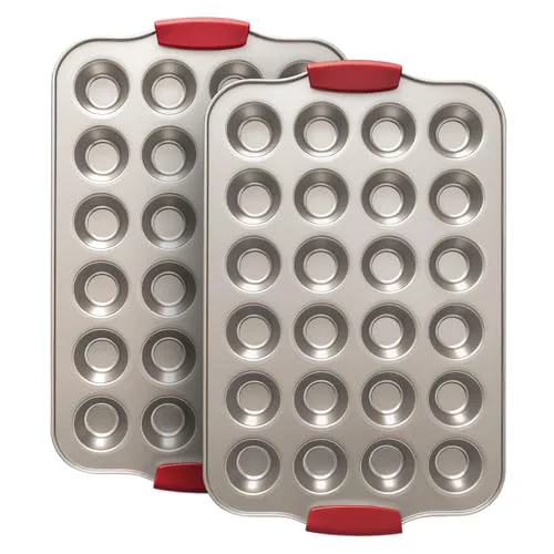 Sophisticated 24 Cup Mini Cupcake Pan with Silicone Handles 2 Count Stylish