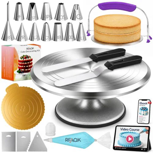 Unique 50PCs Cake Decorating Supplies Kit with 12 Aluminum Rotating Cake Turntable Stand Fast