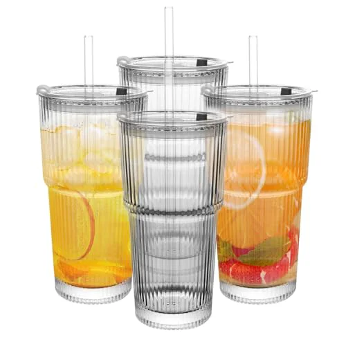 Long-Lasting 20oz Ribbed Drinking Glasses with Lids and Glass Straws Versatile