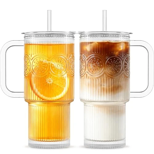 Luxury 24 oz Ribbed Floral Glass Tumblers with Handle Eco-Friendly
