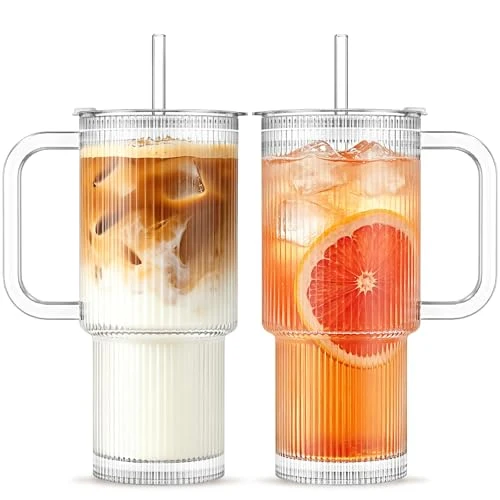 Sustainable 24 oz Ribbed Glass Tumbler with Handle Sophisticated