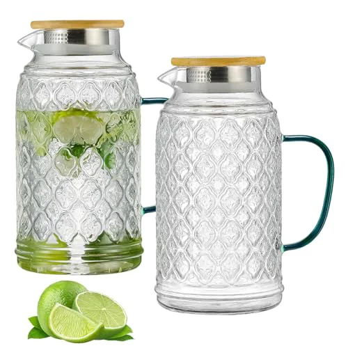First-Class 2 PACK Glass Pitcher with Bamboo Lid Enhanced