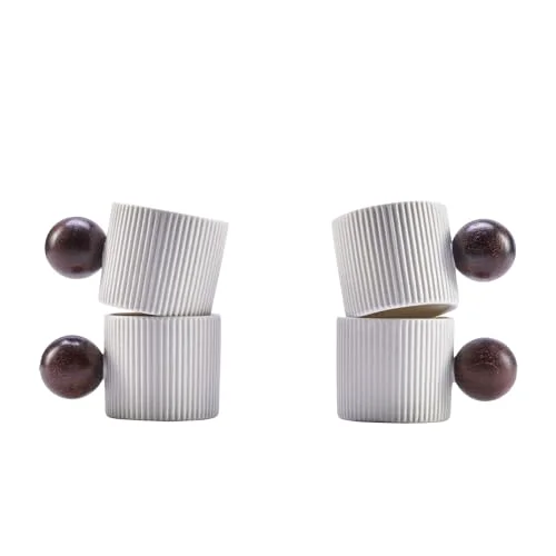 Artisan Ceramic Mini Espresso Cups Demitasse Cups with Round Wooden Handle Vertical Stripes Tea Cups 4 Count Easy-to-Use