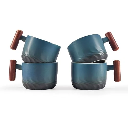 Powerful 2.5oz Ceramic Espresso Cups with Wooden Handle 4 Count Dependable