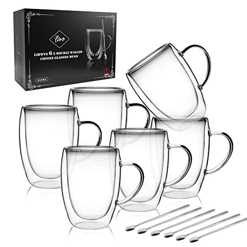 First-Class 6 Pack Double Walled Coffee Cups Glasses Mug 12oz Borosilicate Glass 6 Count Selected