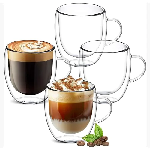 Fashionable Set of 4 Double Walled Glass Coffee Mugs 3 Ounces Insulated Layer Coffee Cups with Handle Borosilicate Glass Espresso Cup for Hot Beverage 4 Count Casual