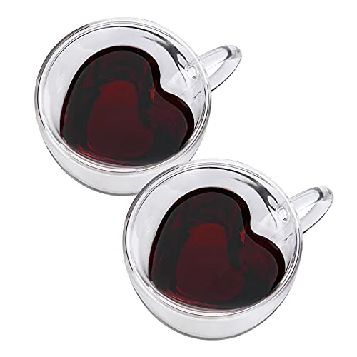 Exceptional Double Wall Heart Shaped Glass Coffee Mugs 8.5oz 2 Count Long-Lasting
