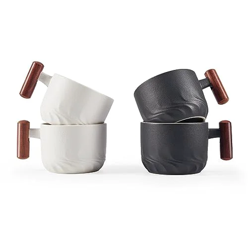 First-Class 2.5oz Ceramic Espresso Cups with Wooden Handle 4 Count Authentic
