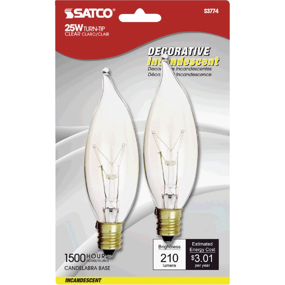 Convenient Satco 25W Clear Candelabra CA8 Incandescent Turn Tip Light Bulb 2-Pack Detailed