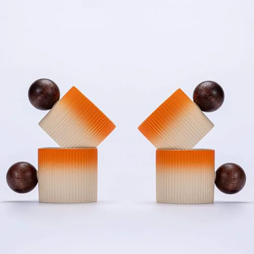 Fine Crafted Ceramic Mini Espresso Cups Demitasse Cups with Round Wooden Handle Vertical Stripes Tea Cups 4 Count Casual