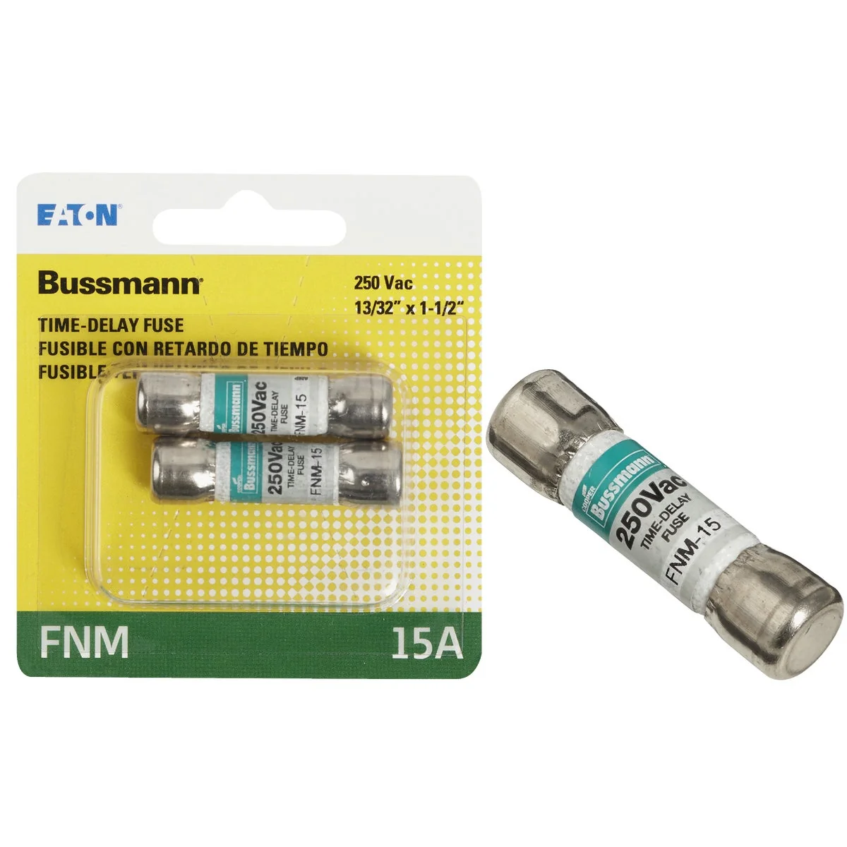 Refined Bussmann 15A Fusetron FNM Cartridge General Purpose Time Delay Cartridge Fuse 2-Pack Lightweight