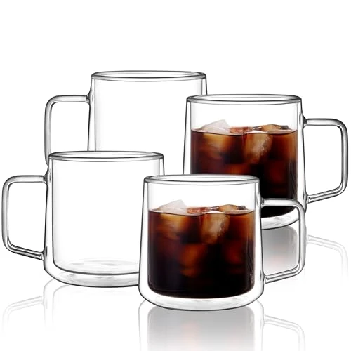 Genuine 15oz 4-pack Double Walled Glass Coffee Mugs Large Insulated Glass Mugs with Handle Clear Coffee Cups for Espresso Latte Cappuccino Tea 4 Count Excellent