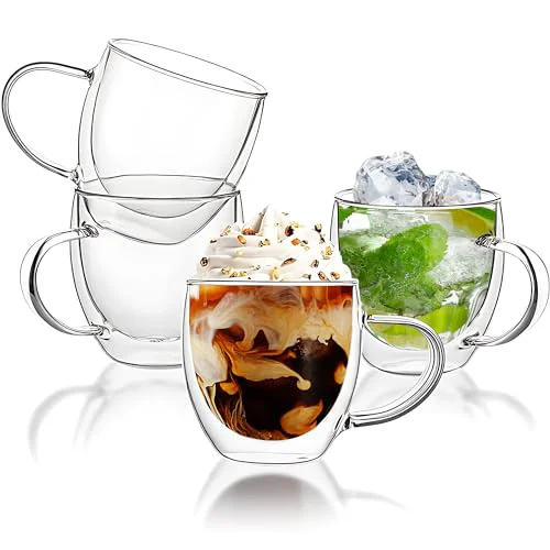 Comfortable Set of 4 Double Walled Glass Coffee Mugs 6 Ounces Insulated Layer Coffee Cups with Handle Borosilicate Glass Espresso Cup for Hot Beverage 4 Count Outstanding