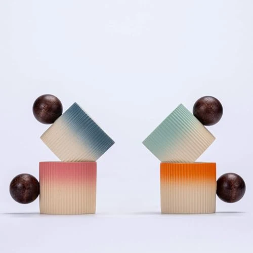 Excellent Ceramic Mini Espresso Cups Demitasse Cups with Round Wooden Handle Vertical Stripes Tea Cups 2 Count Elegant