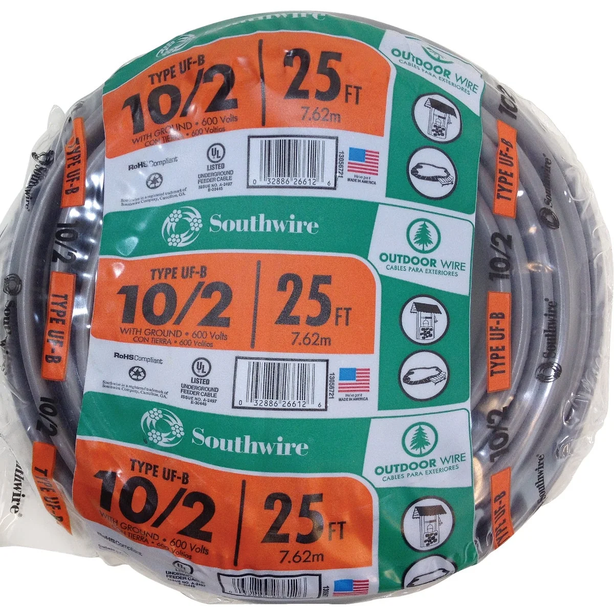 Environmentally Friendly Southwire 25 Ft. 10 AWG 3-Conductor UFW G Electrical Wire Lightweight