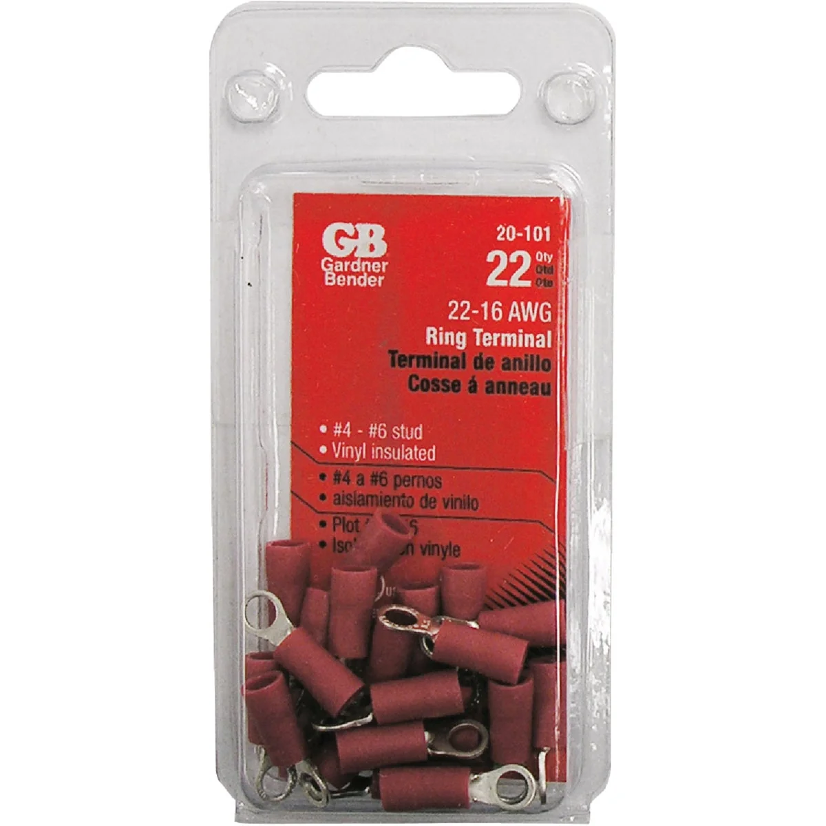 Minimalist Gardner Bender 22 to 16 AWG 4 to 6 Stud Size Red Vinyl-Insulated Barrel Ring Terminal 22-Pack Modern