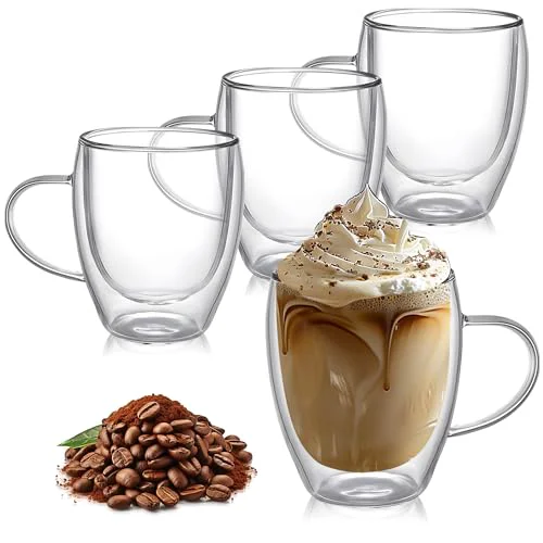 Minimalist 8 Ounces Set of 4 Double Walled Glass Coffee Mugs with with Handle Insulated Layer Coffee Cups Borosilicate Glass Espresso Double Insulated Clear Glass Coffee Mug for Hot Beverages 4 Count Practical