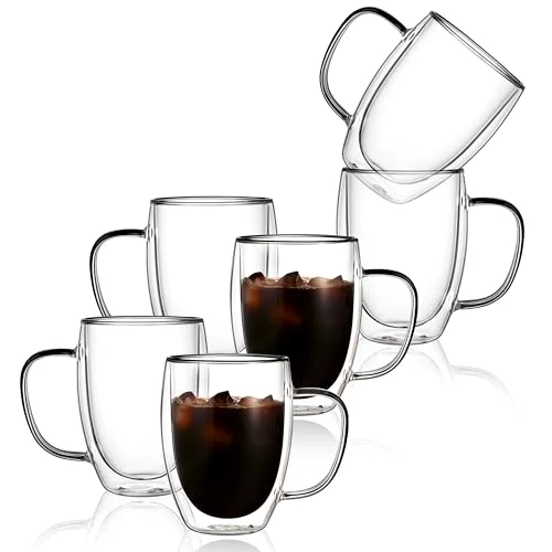 Flexible 6 Pack Double Walled Glass Coffee Mugs 6 Count Premium